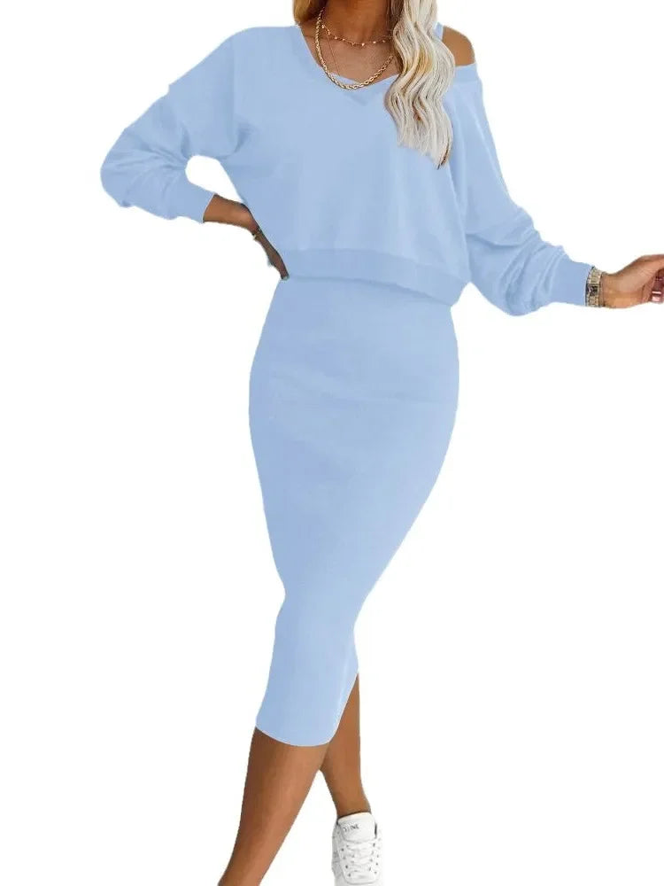 Conjunto Elegante Mujer 2 Piezas – Suéter Oversize y Falda Midi Ajustada