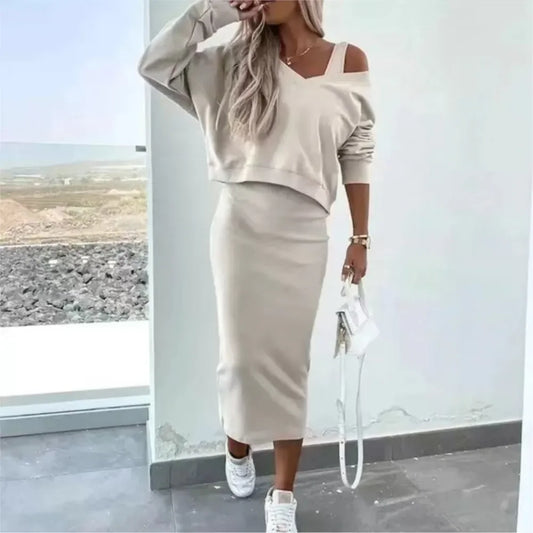 Conjunto Elegante Mujer 2 Piezas – Suéter Oversize y Falda Midi Ajustada