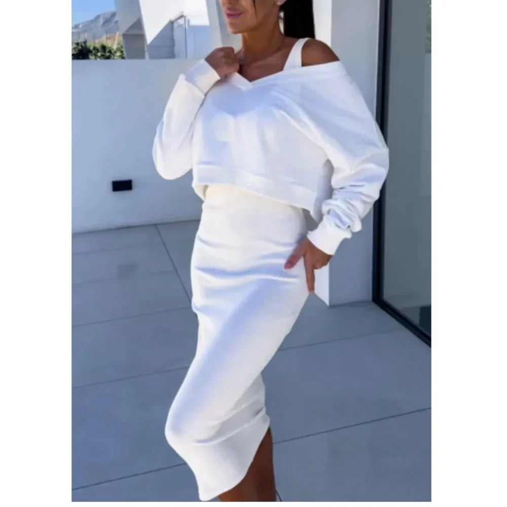 Conjunto Elegante Mujer 2 Piezas – Suéter Oversize y Falda Midi Ajustada