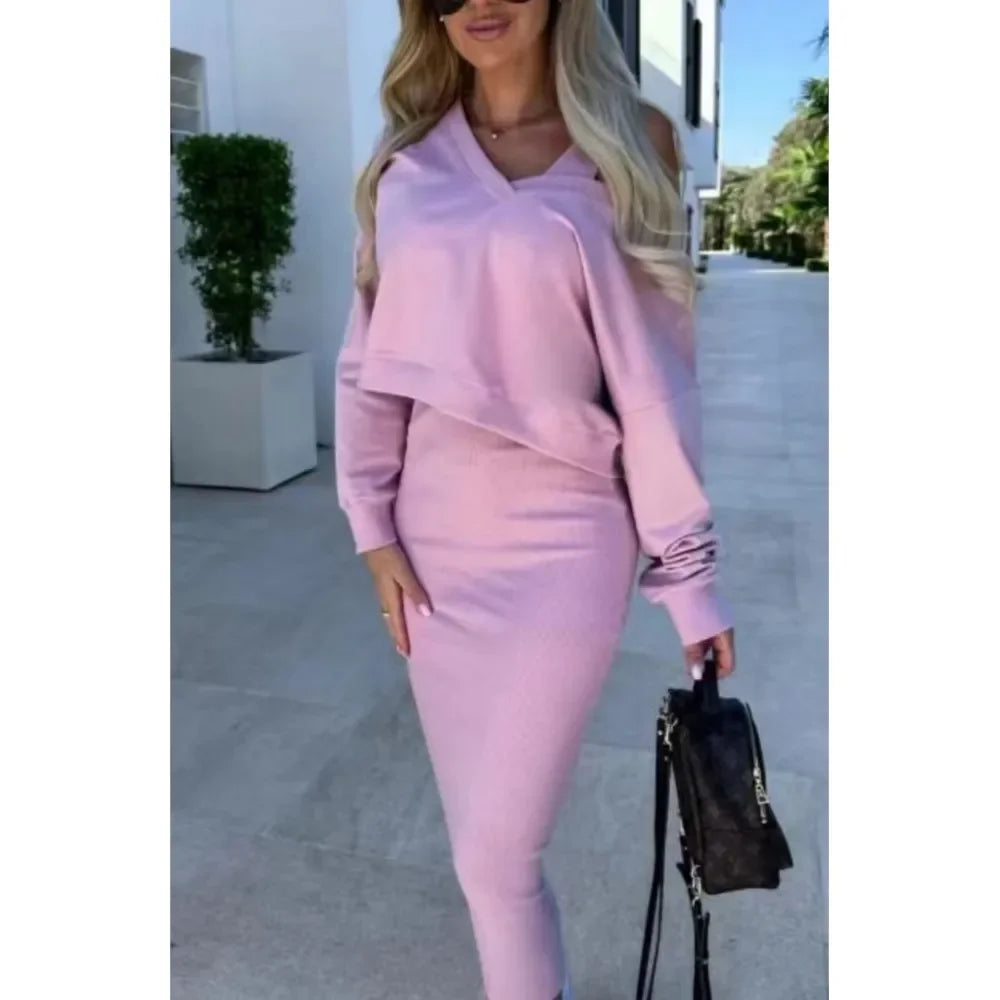 Conjunto Elegante Mujer 2 Piezas – Suéter Oversize y Falda Midi Ajustada
